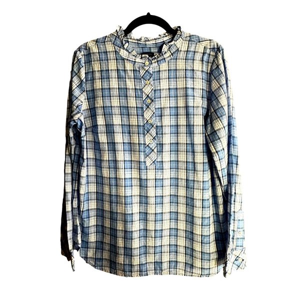 Talbots size M blue windowpane plaid 1/2 button front ruffle collar blouse - Picture 1 of 6
